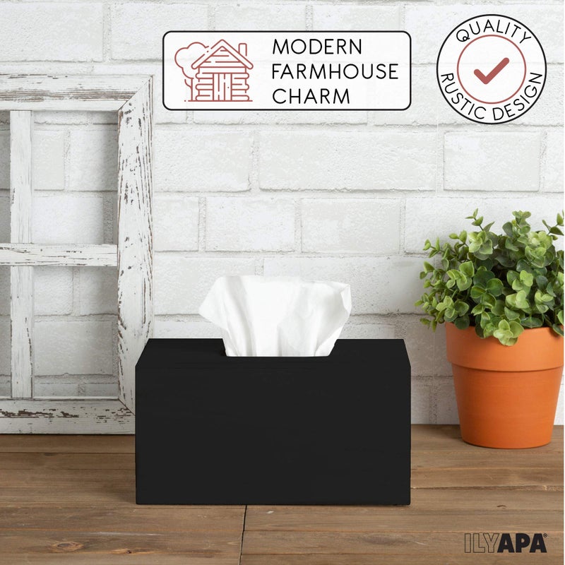 Ilyapa Wood Tissue Box Cover Rectangular - Rustic Farmhouse Black Wooden Tissue Holder - Image 3